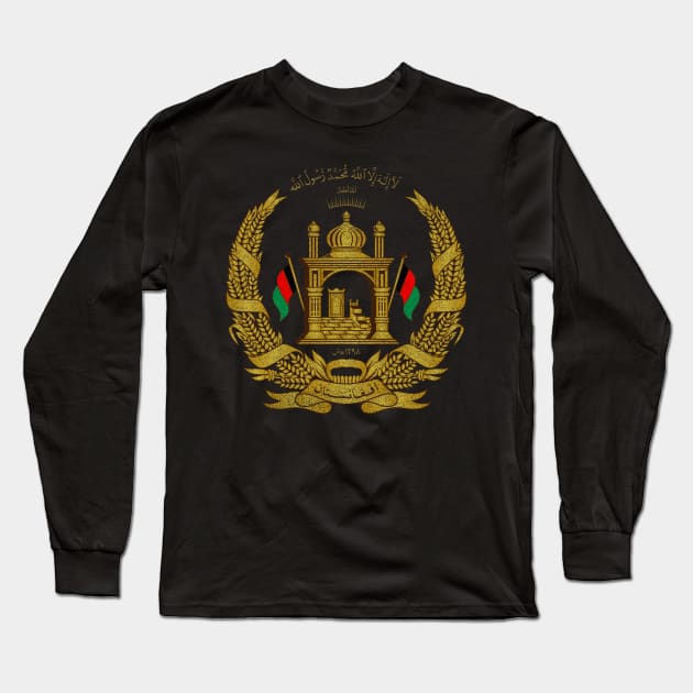 National Emblem of Afghanistan, gold distressed, Country Coat of Arms and Emblems Long Sleeve T-Shirt by Webdango